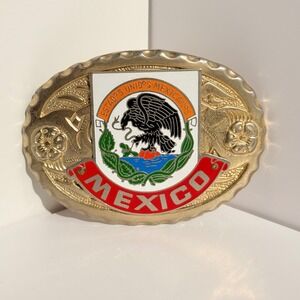Vintage Mexico Coat of Arms Belt Buckle Gold Tone Enamel Western Made in USA